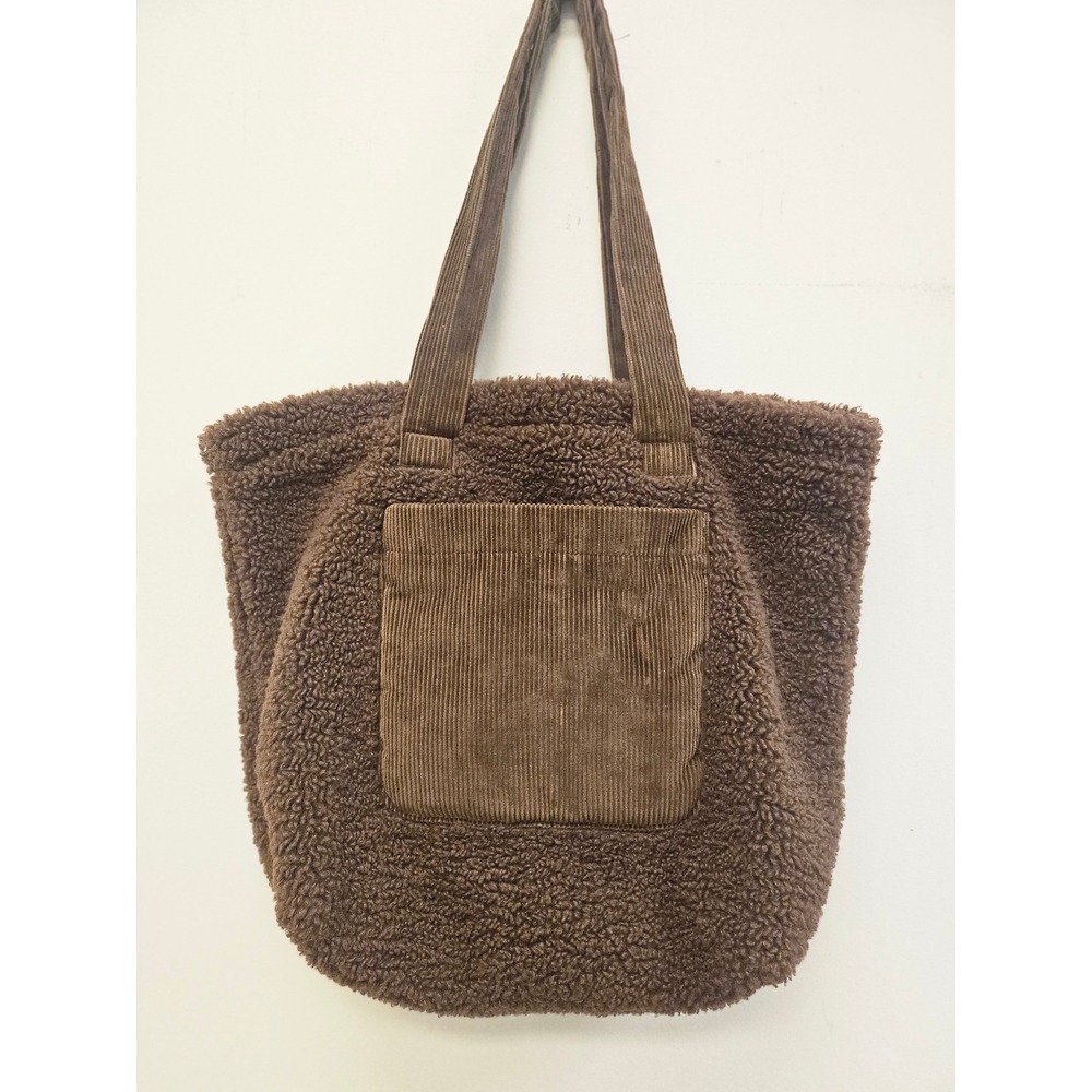 American Eagle Brown Sherpa Faux Fur Tote Bag Corduroy Pocket Large Handbag